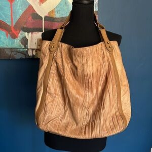 Donald J Pliner Large Vintage Tan Pleated Leather Shoulder Tote Bag Purse